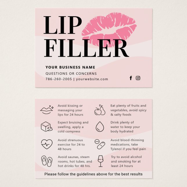 Modern Pink Lip Filler Aftercare Instructions Card (Anverso y reverso)