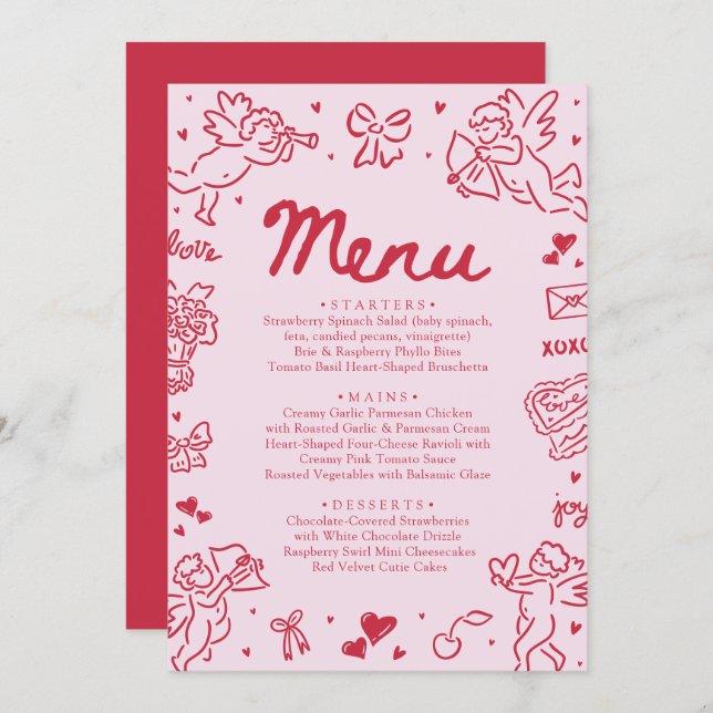 Modern Pink Red Hearts Hand Drawn Valentine Menu (Anverso / Reverso)
