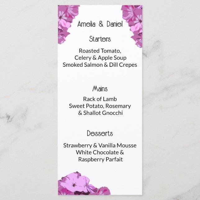 Modern Pink Summer Floral Wedding Menu Card (Anverso)
