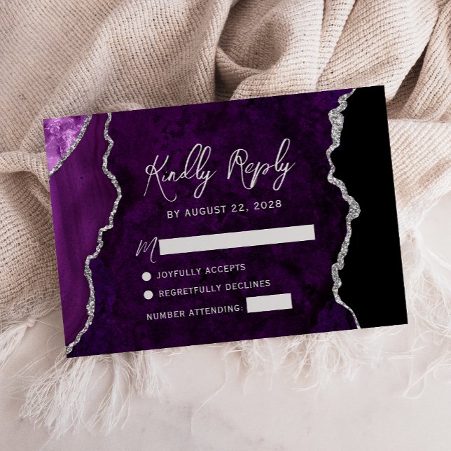 Modern Purple Agate Silver Script Wedding RSVP (Subido por el creador)