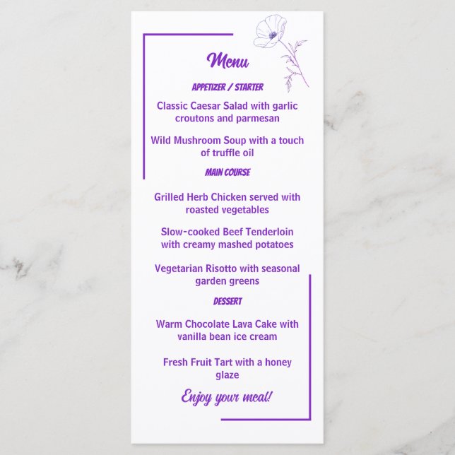 Modern Purple Line Art Floral Wedding Menu Card (Anverso)