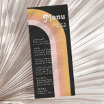 Modern Retro 70's Rainbow Dark Boda Dinner Menú<br><div class="desc">Este moderno menú retro de boda arcoiris oscuro de los años 70 es perfecto para su naranja vintage, su rosa de oro y su recepción de bodas rosa. Diseñado con elementos de un arco boho clásico y colorido y rayas minimalistas gruesas. El diseño tiene un toque de playa tropical abstracto...</div>