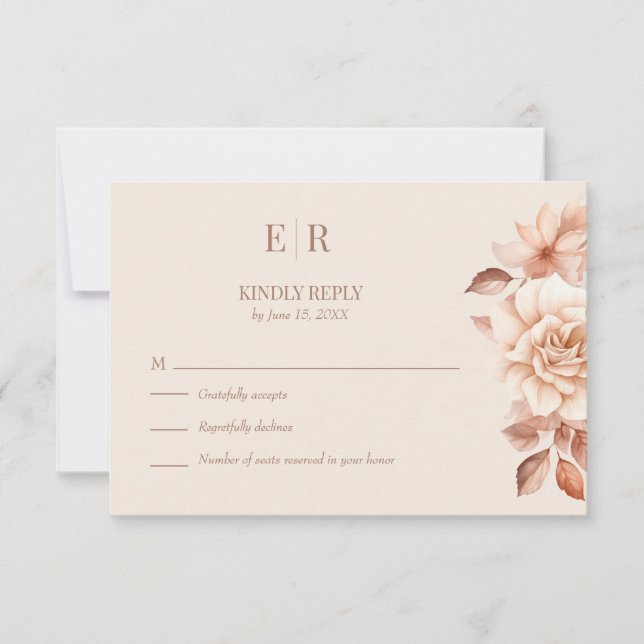 Modern Rose Gold Floral Monogram Wedding RSVP Card (Anverso)