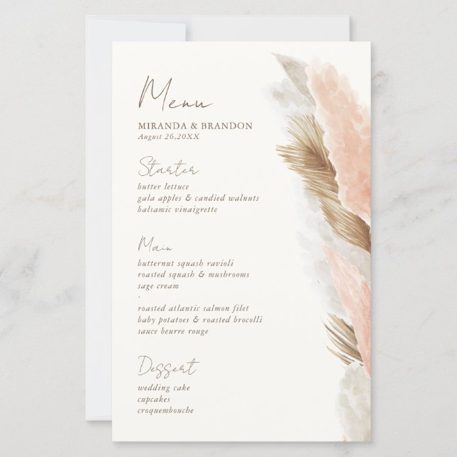 Modern Rustic Pampas Grass Wedding Menu Card (Anverso)