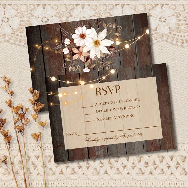 Modern Rustic Wood Floral Lights RSVP Card (Subido por el creador)