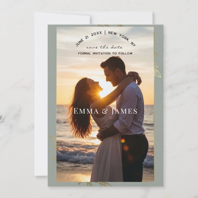 Modern Sage Green Gold Botanical Save the Date (Anverso)