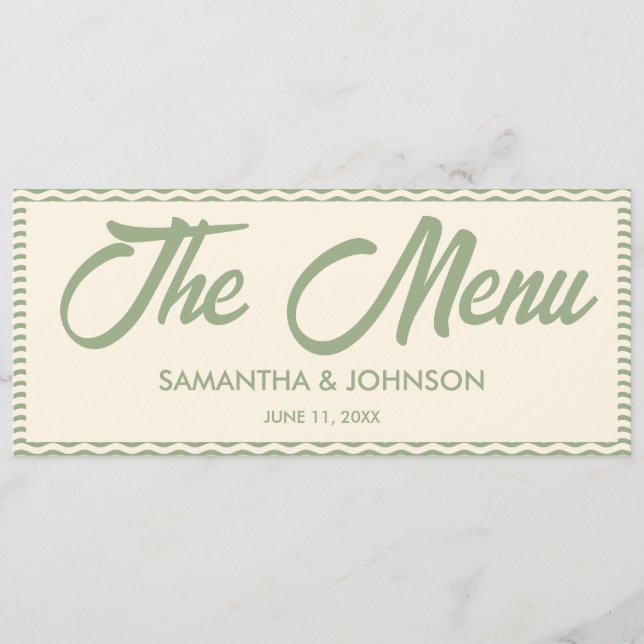Modern Sage Green Stripe Wedding Dinner Menu Card (Anverso)