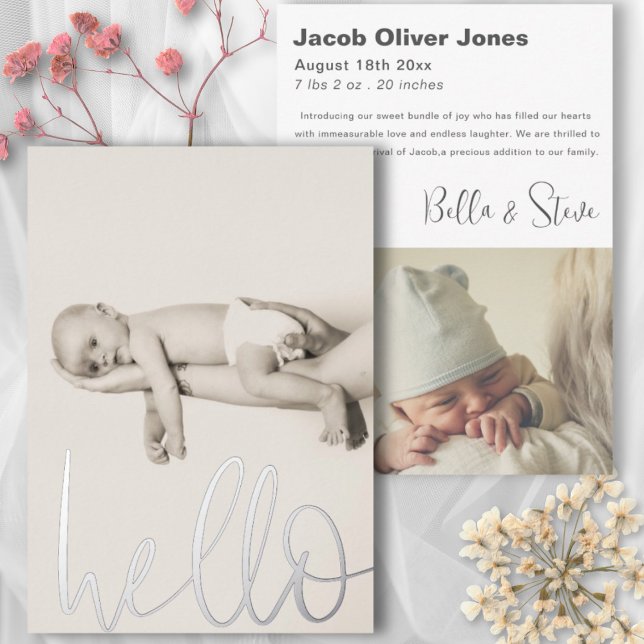 Modern Silver Text Hello Photo Baby Invitación (Subido por el creador)