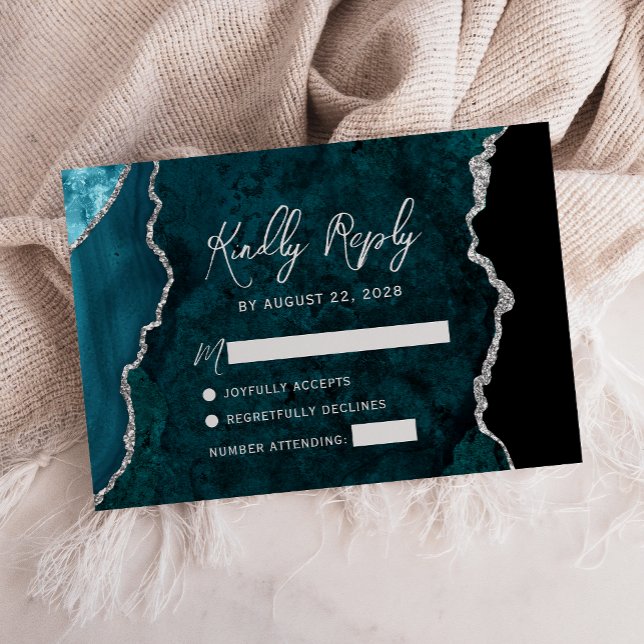Modern Teal Blue Agate Silver Script Wedding RSVP (Subido por el creador)