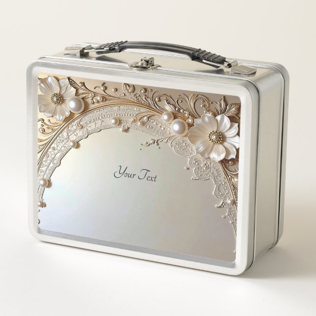 Modern White Flowers Pearls Lunchbox (Anverso)