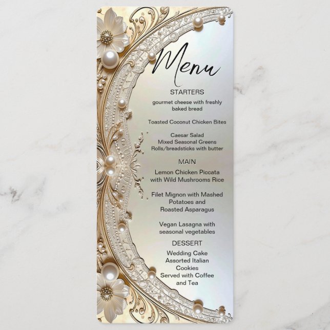 Modern White Flowers Pearls Menu (Anverso)