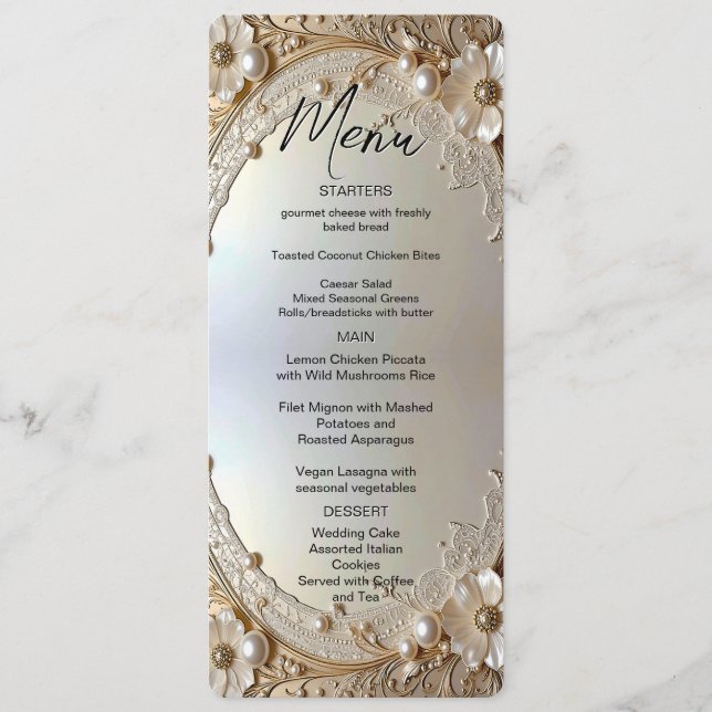 Modern White Flowers Pearls Menu (Anverso)