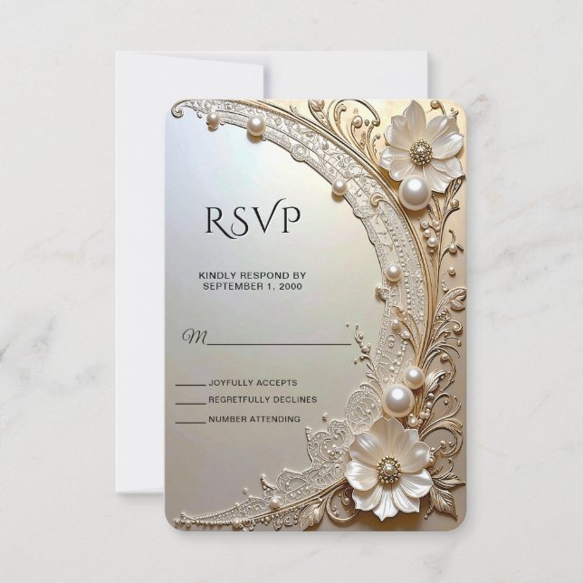 Modern White Flowers Pearls RSVP Card (Anverso)