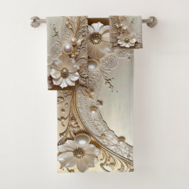 Modern White Flowers Pearls Towel Set