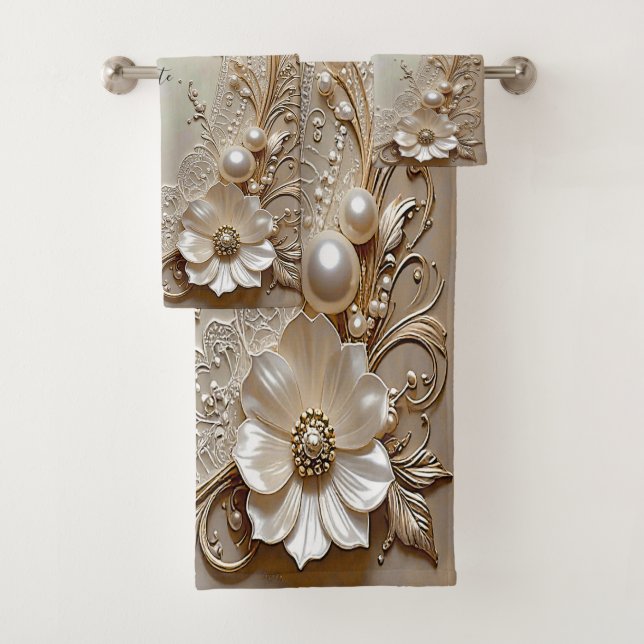 Modern White Flowers Pearls Towel Set (In situ)