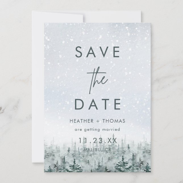 Modern Winter Forest Wedding Save the Date (Anverso)