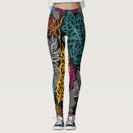 Modern Yellow, Blue and Black Lacy Leaf  Leggings