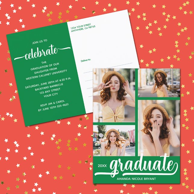 Moderna 4 Collages de fotos Invitación a graduados (4 Photo Collage Green Graduate Invitation Postcards)