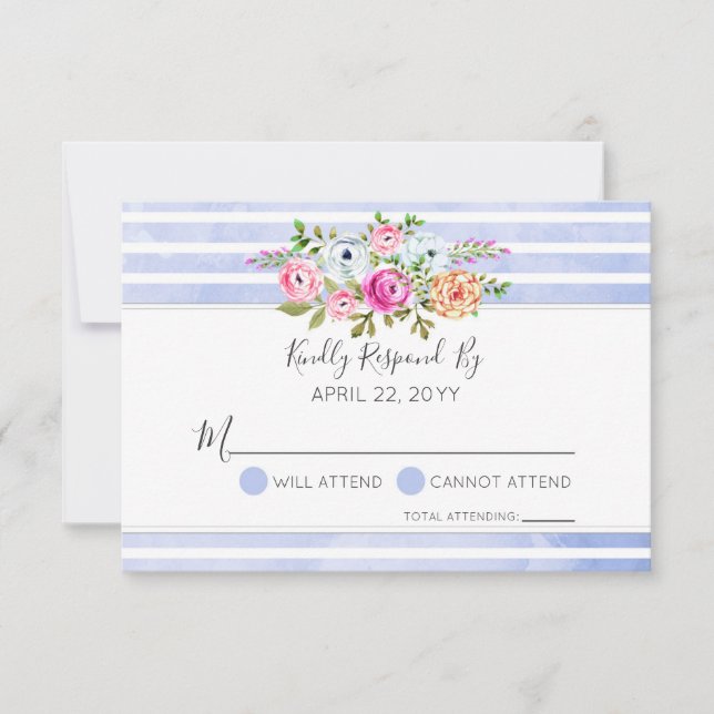Moderna acuarela Floral Blue Stripe Wedding RSVP (Anverso)