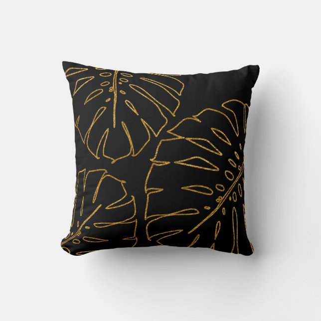 Moderna almohada tropical dorada monstera (Anverso)