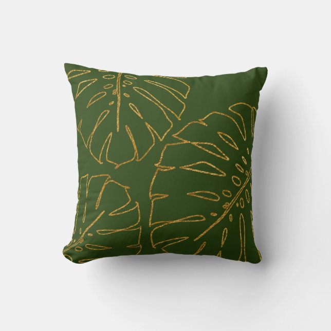 Moderna almohada tropical dorada monstera (Anverso)