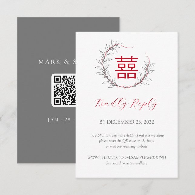 Moderna boda china RSVP con código QR (Anverso / Reverso)