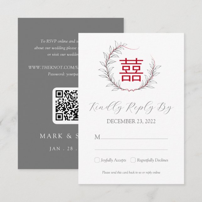 Moderna boda china RSVP con código QR (rojo) (Anverso / Reverso)