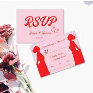 Moderna boda lesbiana rosa y roja RSVP