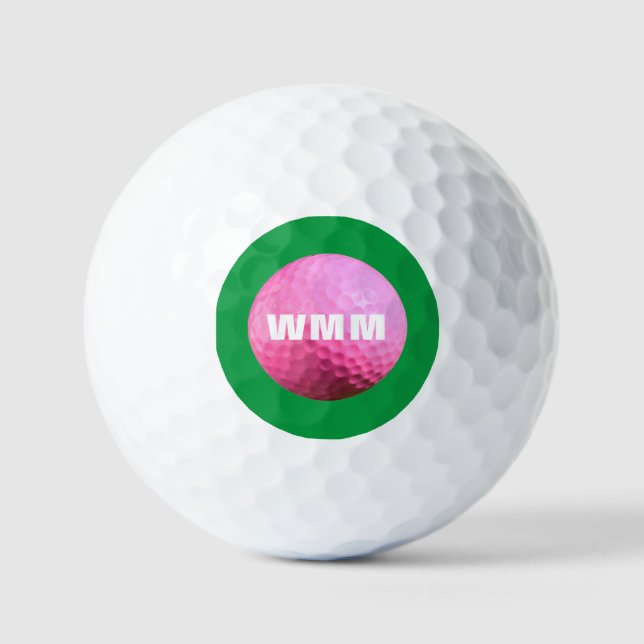 Moderna bola de golf monogramada rosa/verde (Anverso)