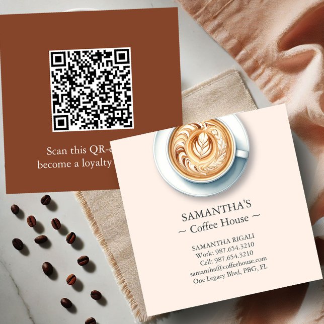 Moderna Cafetería Tarjetas profesionales de negoci (business cards with qr-code for a coffee shop features an illustration of a latte)