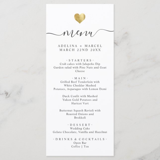 Moderna caligrafía minimal Menú Boda del corazón d (Anverso)