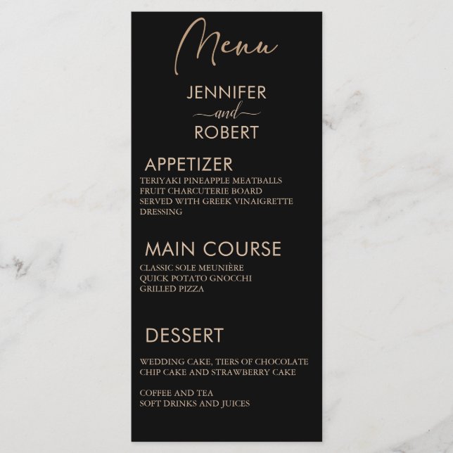 Moderna caligrafía Minimalista Boda negro Menús (Anverso)