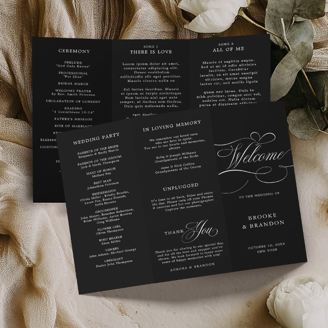 Moderna caligrafía programa de boda eterna en negr (Modern calligraphy timeless black and white wedding Program)