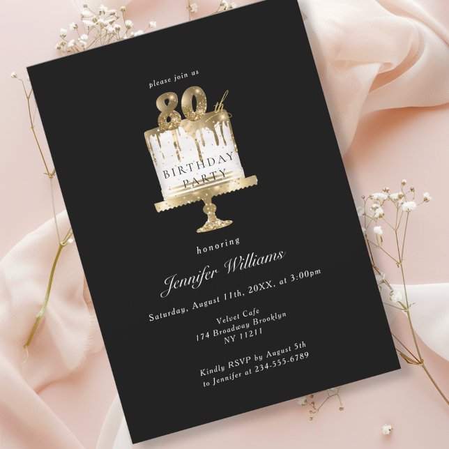 Moderna, elegante 80. invitación negra de cumpleañ (Modern, elegant, luxury, black & gold, 80. birthday invitation with cake illustration.)