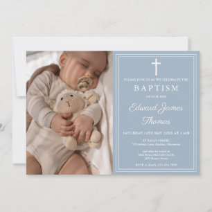 Moderna Elegante Invitación de Bautizo Foto Azul T