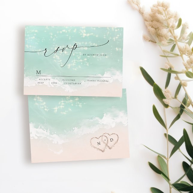 Moderna escritura Sand Hearts Beach Wedding RSVP (Modern Script Sand Hearts Beach Wedding RSVP)