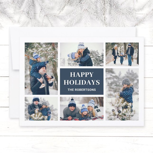 Moderna familia azul profundo 8 tarjeta de Navidad (Modern, elegant family in winter photo collage Christmas greeting card in navy blue, Happy Holidays.)