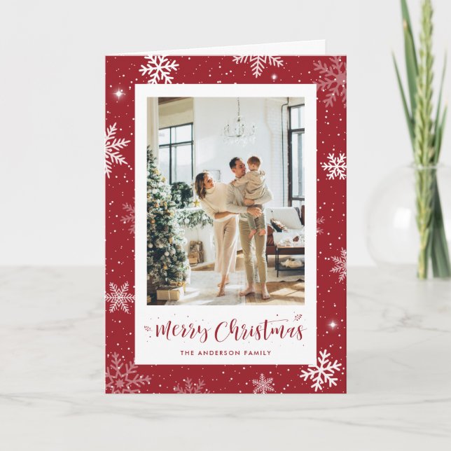 Moderna foto de copo de nieve rojo Feliz Navidad (Anverso)