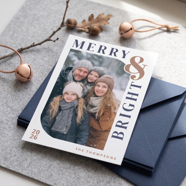 Moderna foto de Navidad Alegre y Brillante - Azul  (Simulated card on desk)
