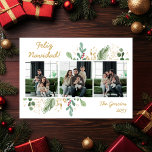 Moderna foto de verde botánico Feliz Navidad<br><div class="desc">Esta simple tarjeta de vacaciones acuarela de color verde botánico y bayas con 3 de tus fotos favoritas en el centro y las palabras "Feliz Navidad" en un moderno tipo de letra de escritura en oro encima de la foto y tu nombre familiar y el año con el mismo tipo...</div>