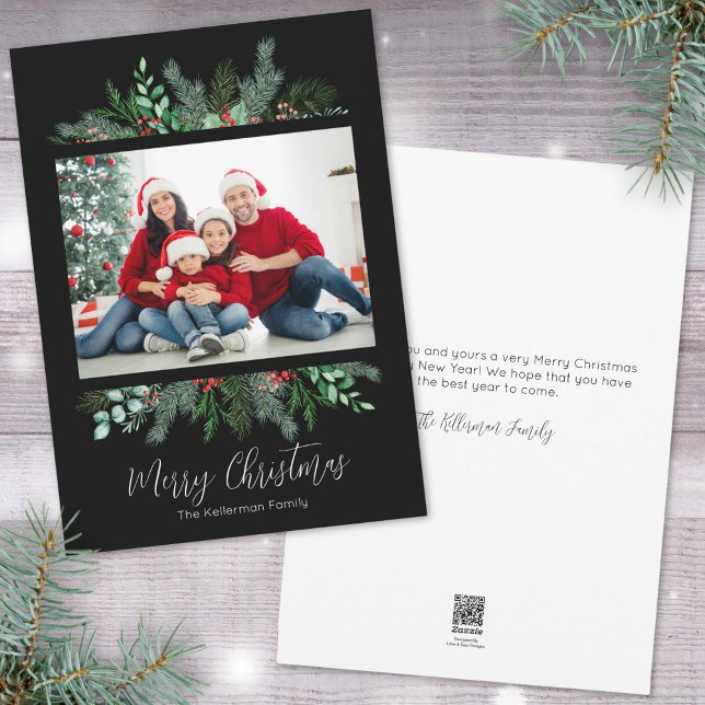 Moderna foto de verde Feliz Navidad (Modern Greenery Black Photo Merry Christmas Holiday Card)