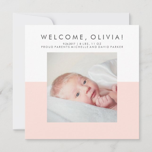 Moderna foto mínima de anuncio de nacimiento rosa  (Anverso)