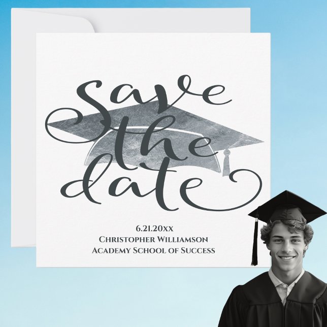 Moderna Graduación Simple Ahorra La Fecha (Modern Save The Date Graduation Announcement. Watercolor, gray tones. High School, College)