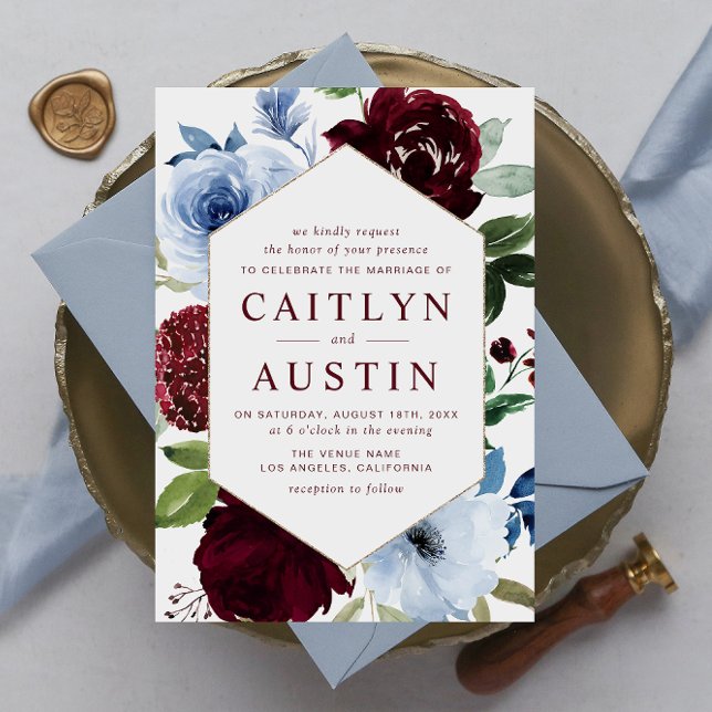 moderna invitación a la boda azul turbio y burdeos (Subido por el creador)