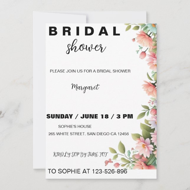 Moderna invitación a la ducha de novia floral (Anverso)