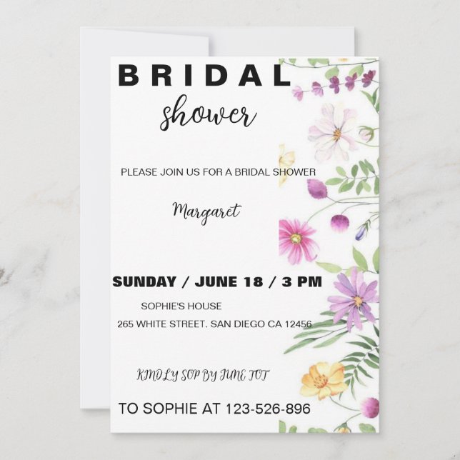 Moderna invitación a la ducha de novia floral (Anverso)