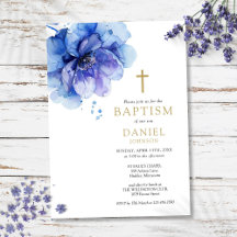 Moderna Invitación de Bautizo Floral Acuarela Azul