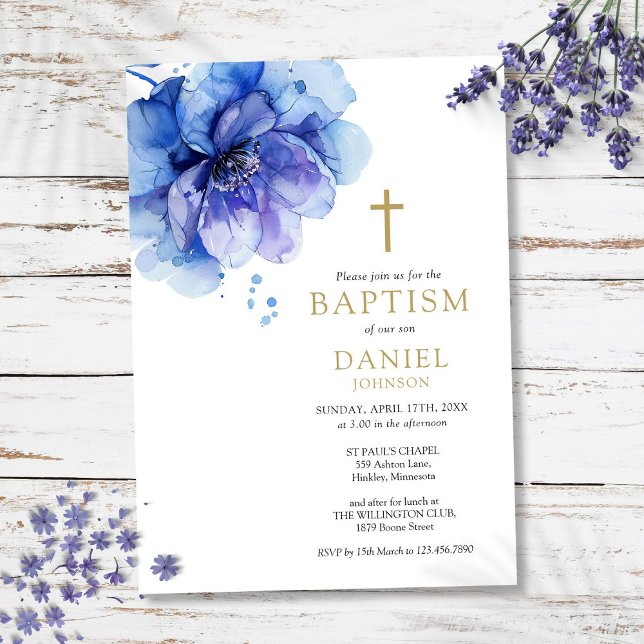 Moderna Invitación de Bautizo Floral Acuarela Azul (Modern Dusty Blue Watercolor Floral Baptism Invitation)