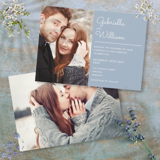 Moderna Invitación de Boda con Letra Elegante y 2  (Modern Elegant Script Dusty Blue 2 Photo Wedding Invitation)