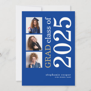 Moderna Invitación de graduación azul de 3 fotos 2